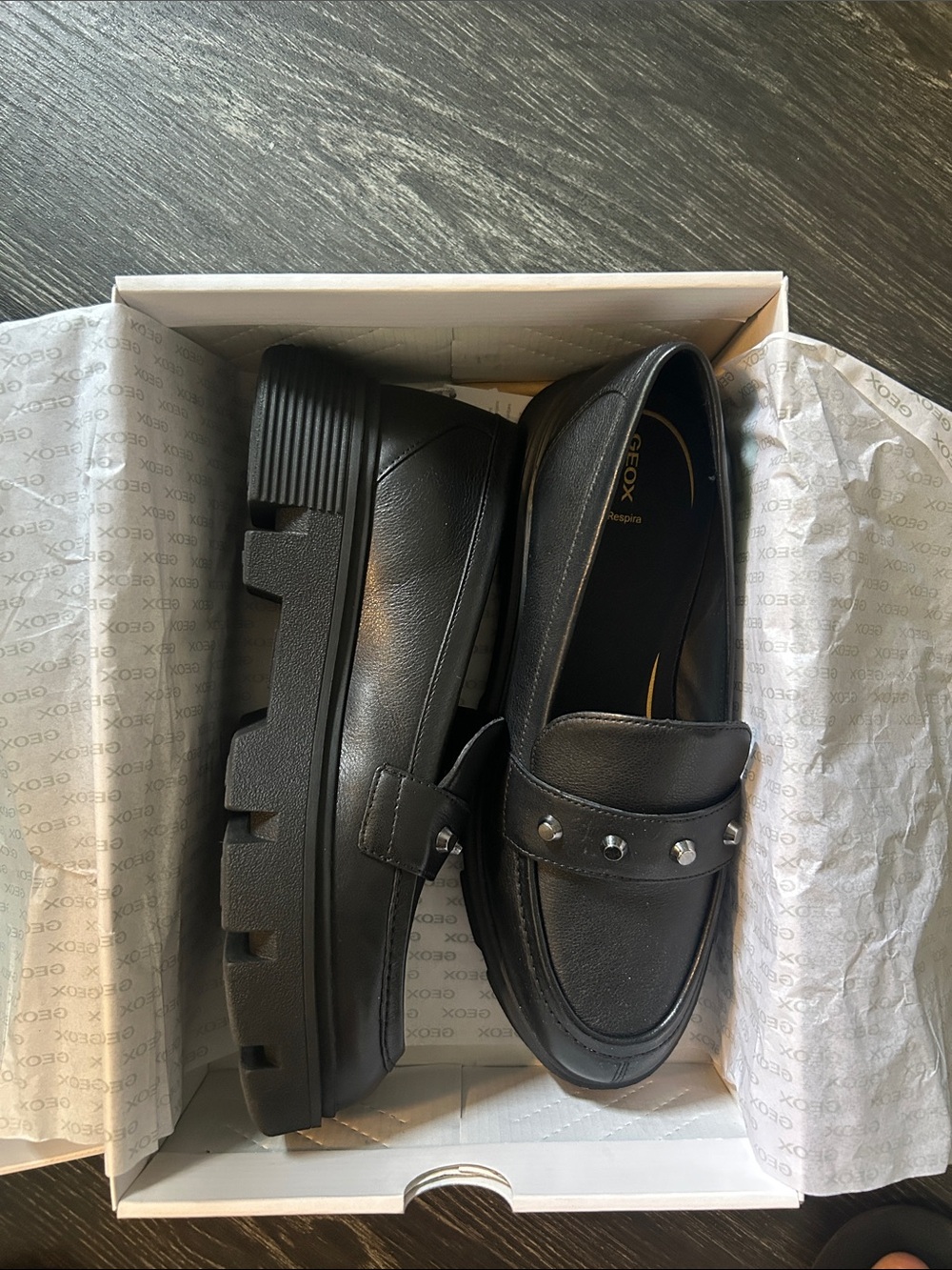 Geox Black Leather Lug-Sole Slip-On Loafers with Stud Detail